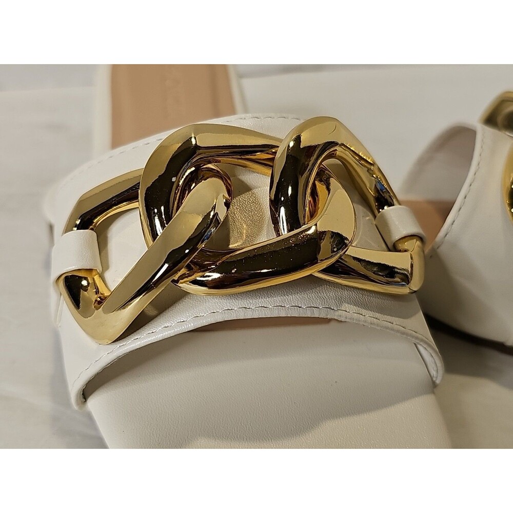 Fashion Nova White Square Toe Slide Sandals Gold Chain Link Flat Buckle Shoes 7 - Picture 6 of 8